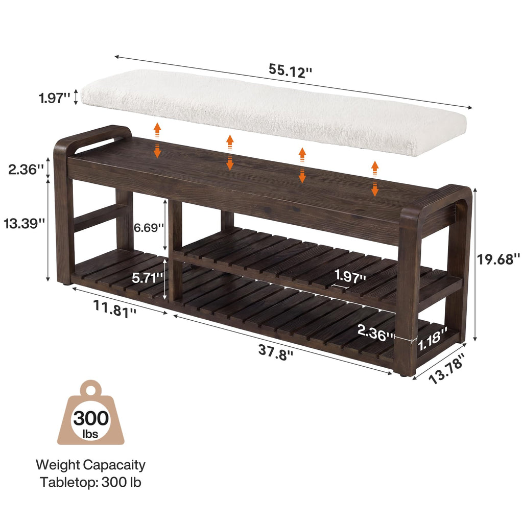55" Shoe Storage Bench with Removable Cushion, 2-Tier Farmhouse Solid Wood Entryway Shoe Rack, End of Bed Storage