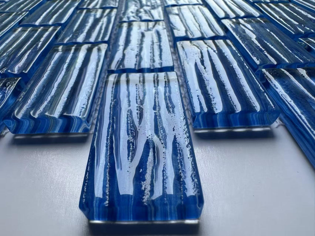 Ocean Blue Glass Mosaic Tile - Textured Subway Pattern, 12"x12" Blue Glass Tiles Backsplash, Bathroom, Pool & Spa
