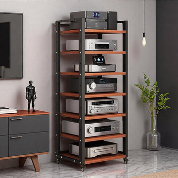 7 Tier Av Media Stand with Wheels, 55in Adjustable Audio Rack