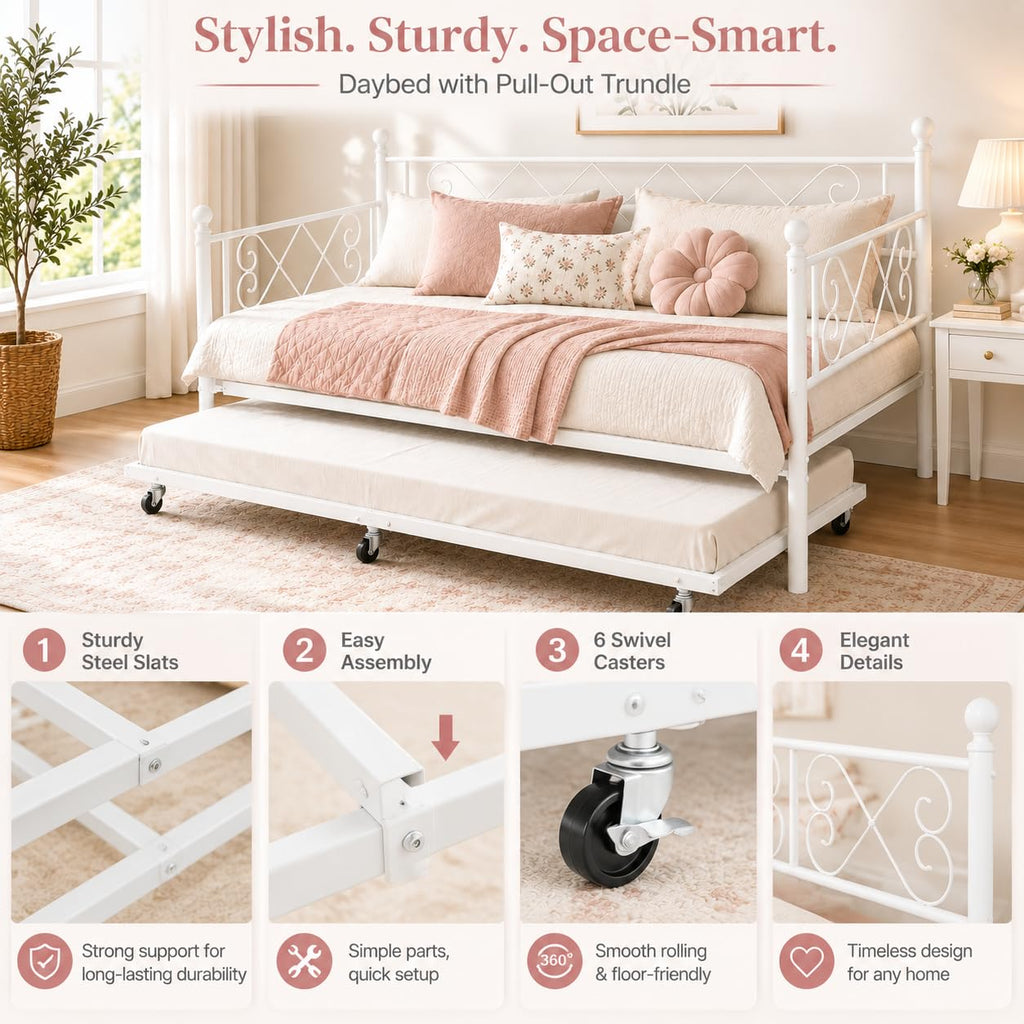 Daybed with Trundle, Trundle Bed Twin with Heart-Shaped Headboard, Sturdy Metal Day Bed with Steel Slat Support, Twin