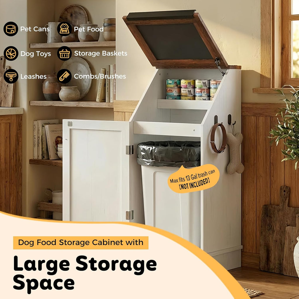 Dog Food Feeding Station Storage with Bowls, Pet Food Storage Cabinet with Flip-Top Blackboard, Hidden Trash Can, Pet