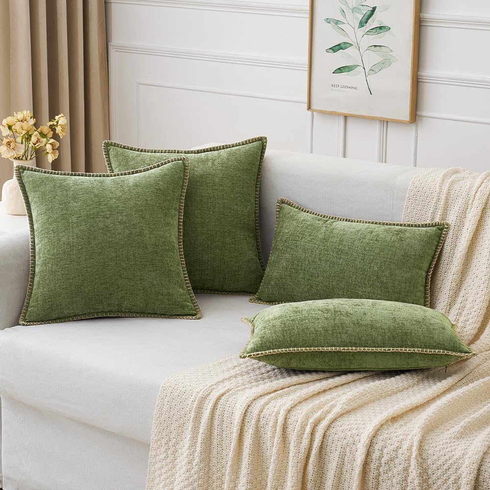 Pack of 2 Couch Throw Pillow Covers 18x18 Inch Sage Green Farmhouse Decorative Pillow Covers with Stitched Edge Soft