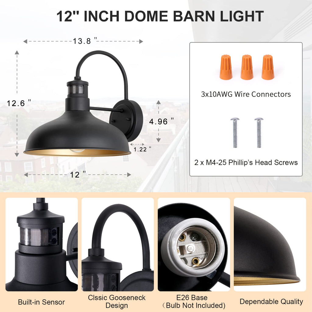 12 Inch Motion Sensor Outdoor Gooseneck Lighting, Dusk to Dawn Black Exterior Barn Wall Mount Lights, 2 Pack