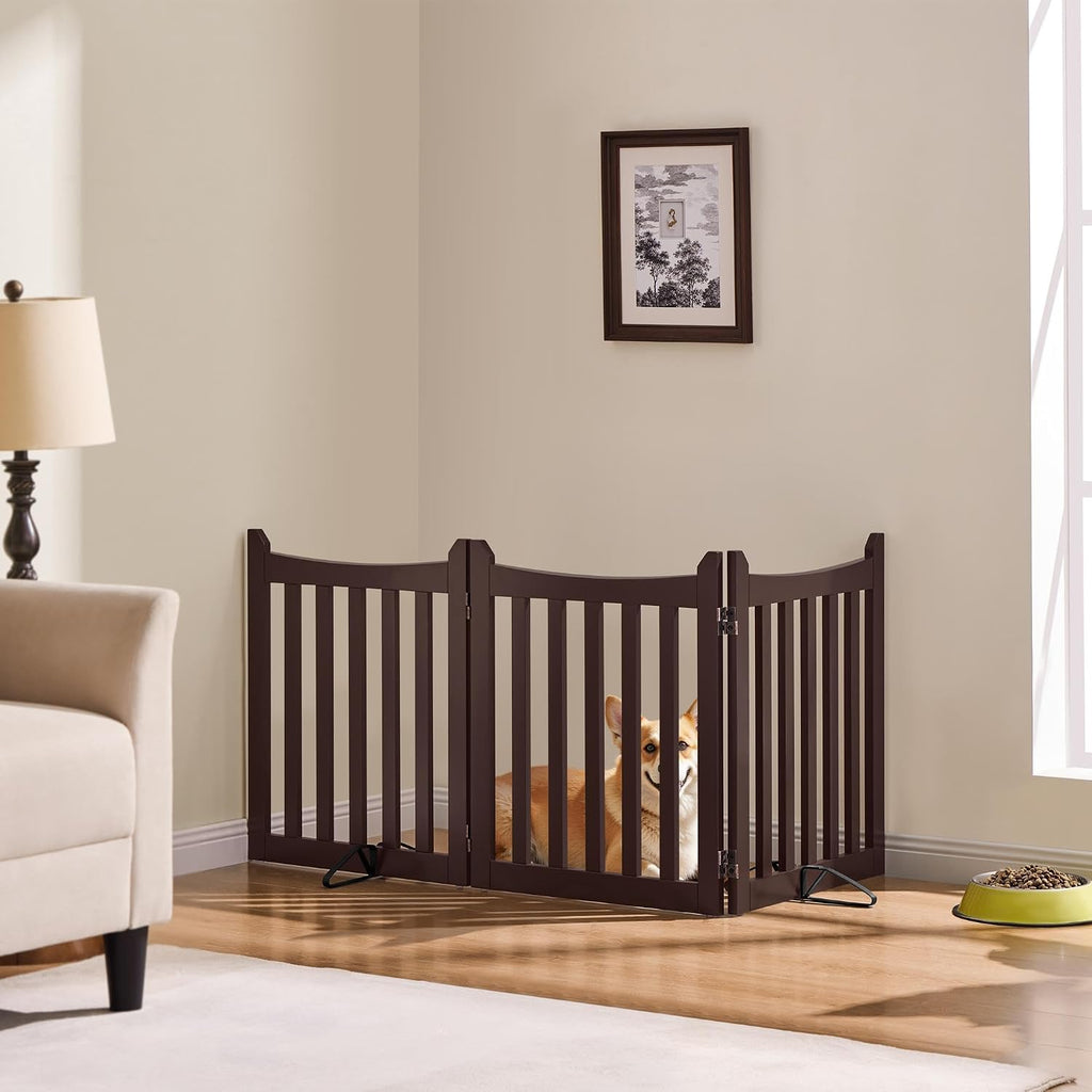 Freestanding Wooden Dog Gate, 3-Panel 24in H Pet Barrier Espresso