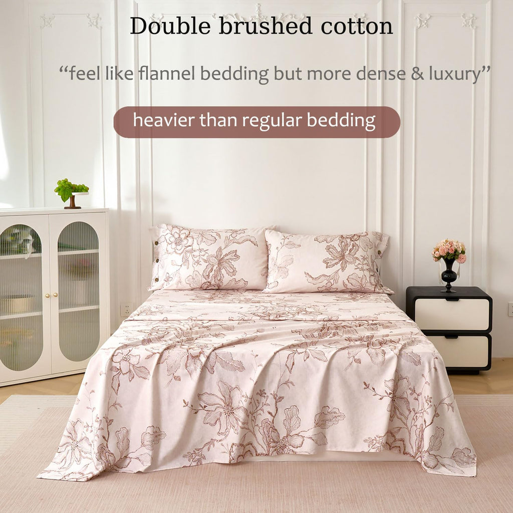 Sheets Pink Floral Sheet Set 400TC 100% Cotton Flannel-Like Warm Luxury Bed Sheet Set 4Pcs, Button Closure