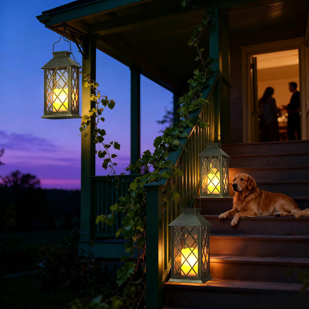 Solar Lanterns Outdoor Waterproof 14" Flickering LED, 2 Pack, Bronze