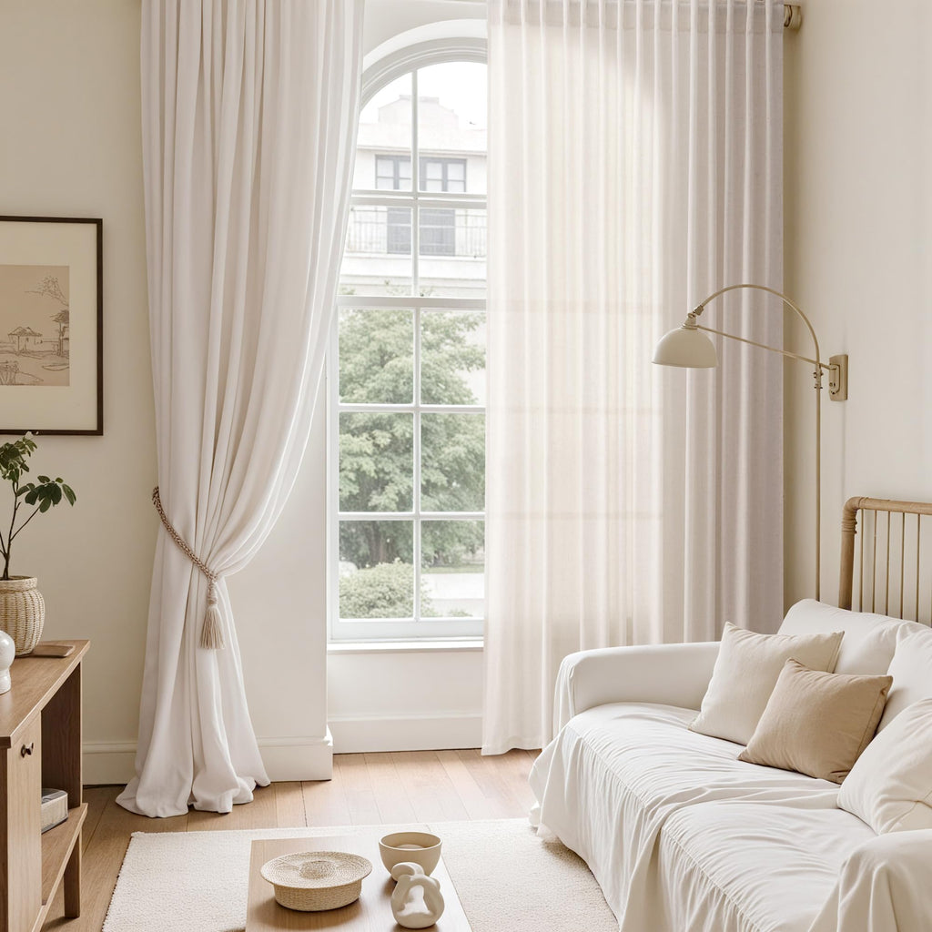 Ivory White Curtains 96 Inches Long 2 Panels Living Room Back Tab Semi Sheer Linen Curtain Modern Farmhouse Coastal