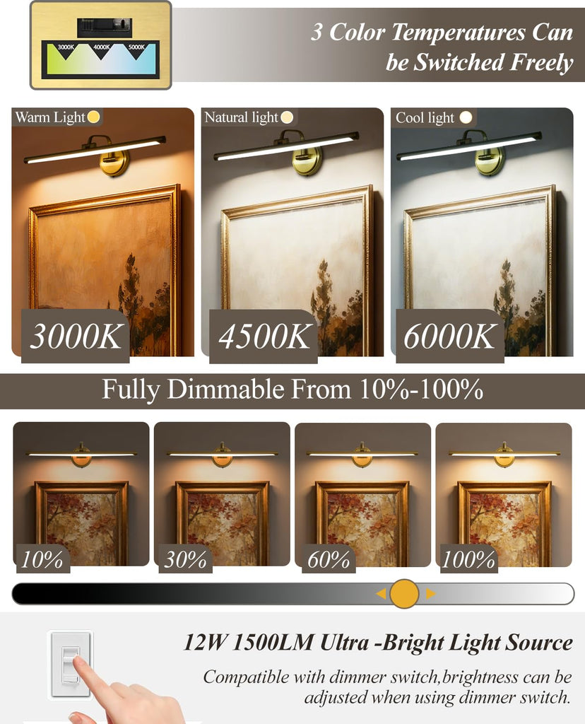 Hardwired Picture Light for Wall,39 Inch Modern Brass Dimmable Frame Light with Adjustable Swing Arm,3CCT LED Art