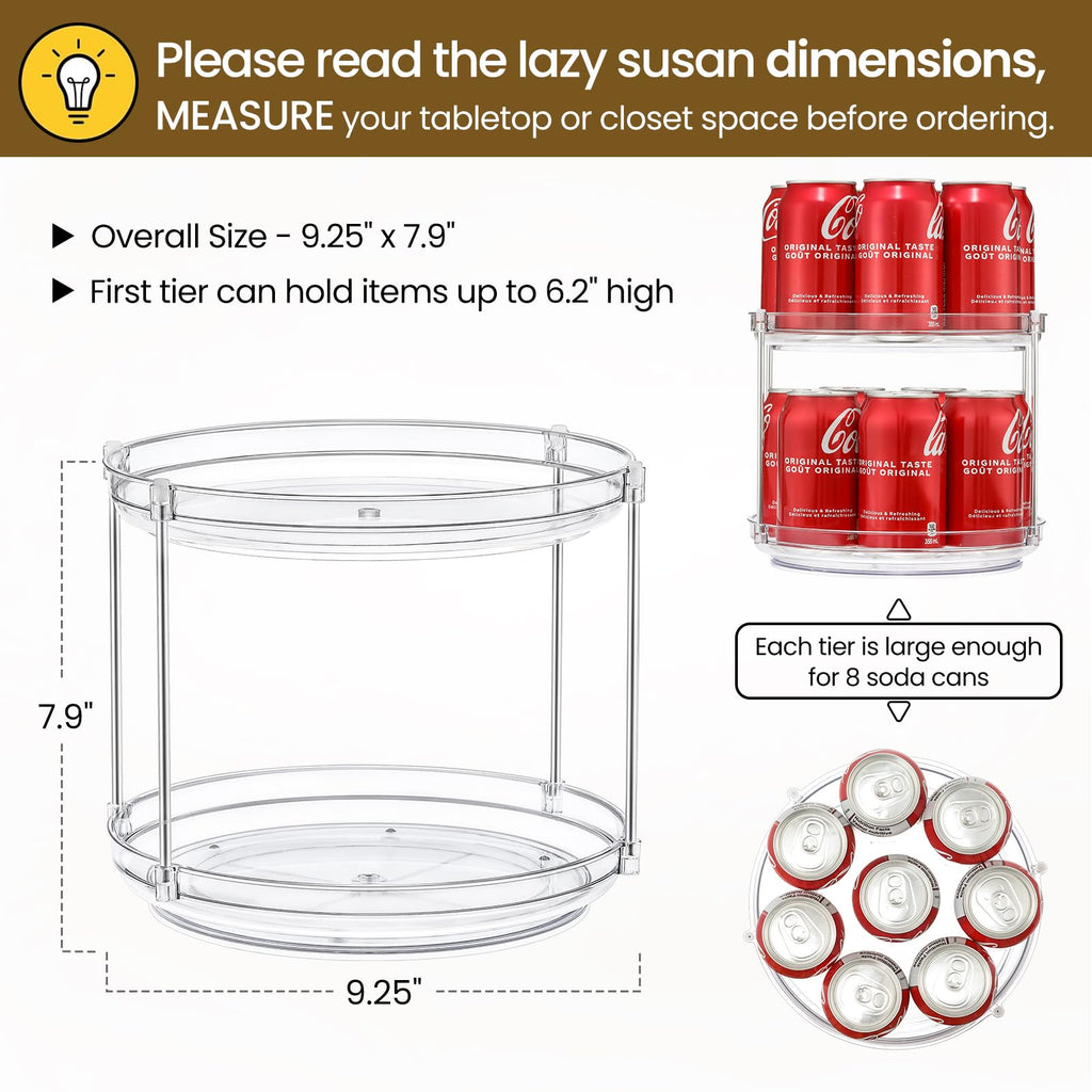 2 Set 2 Tier Stable Clear Acrylic Lazy Susan Turntable Organizers, 9.25''