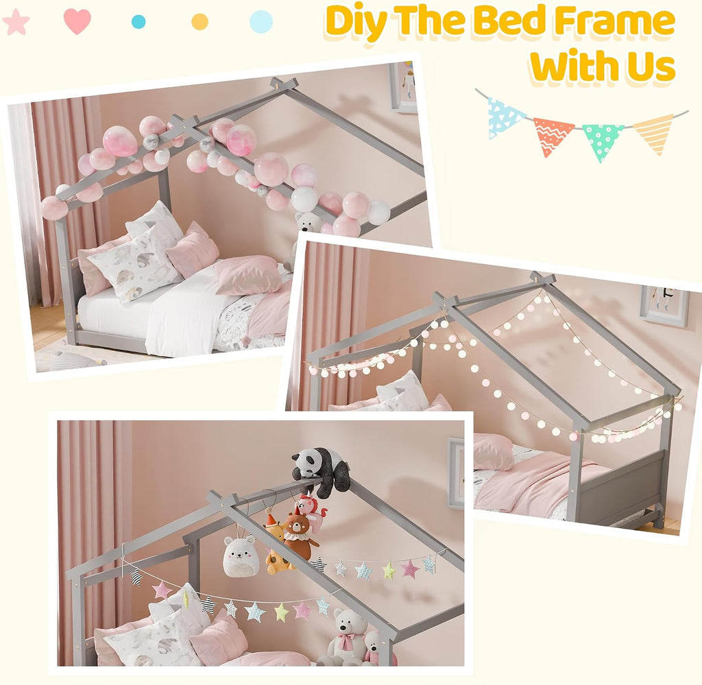 House Bed, Montessori Floor Bed for Toddlers, Wooden Kids Floor Bed Frame with Roof, Low Toddler House Bed for Boys