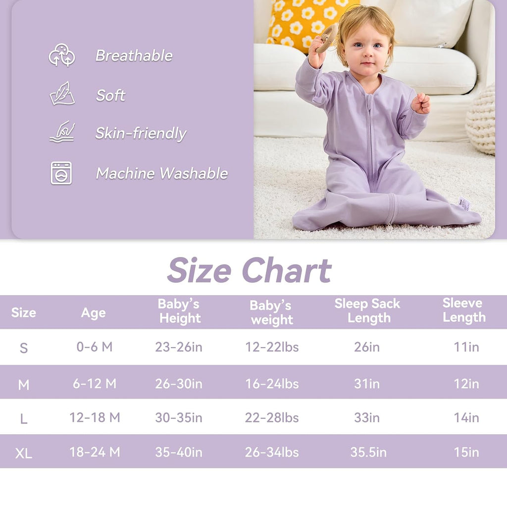 Sleep Sack, Long Sleeve Baby Wearable Blanket 0.5 Tog with Mittens, Way Zipper Toddler Cotton Sleeping