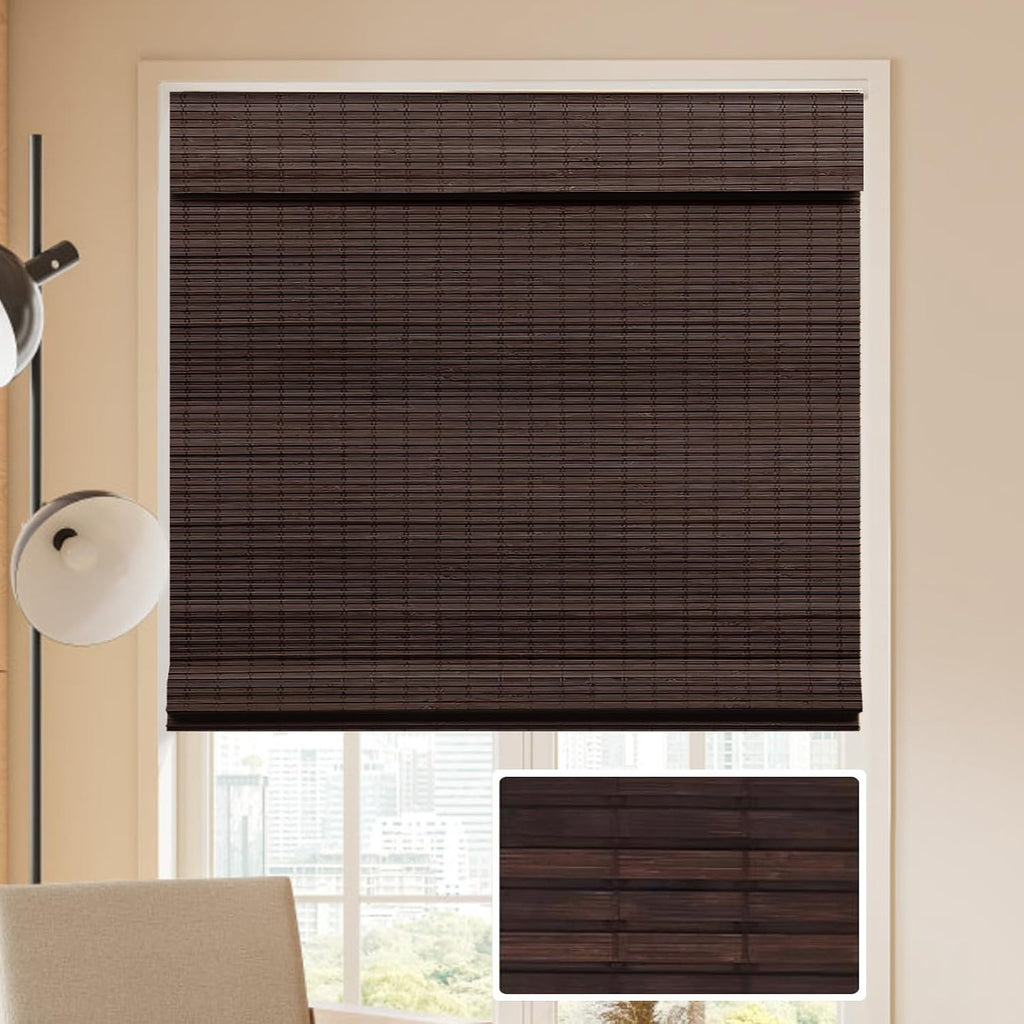 Cordless Bamboo Roman Blinds Shades for Indoor Windows-Blackout Room Darkening Roman Blinds with 6" Valance Cover