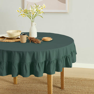 Ruffle Farmhouse Rustic Round Natural Stonewashed Cotton Tablecloth, Restaurant (60" Round, Teal Green)