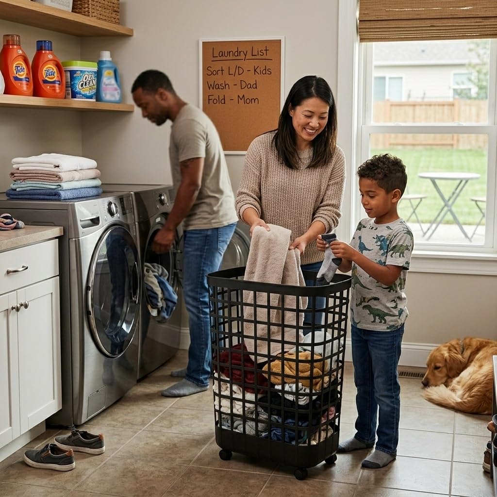 Wheeled Plastic Laundry Hamper 95L - Adult-Sized Rolling Basket With Handles s