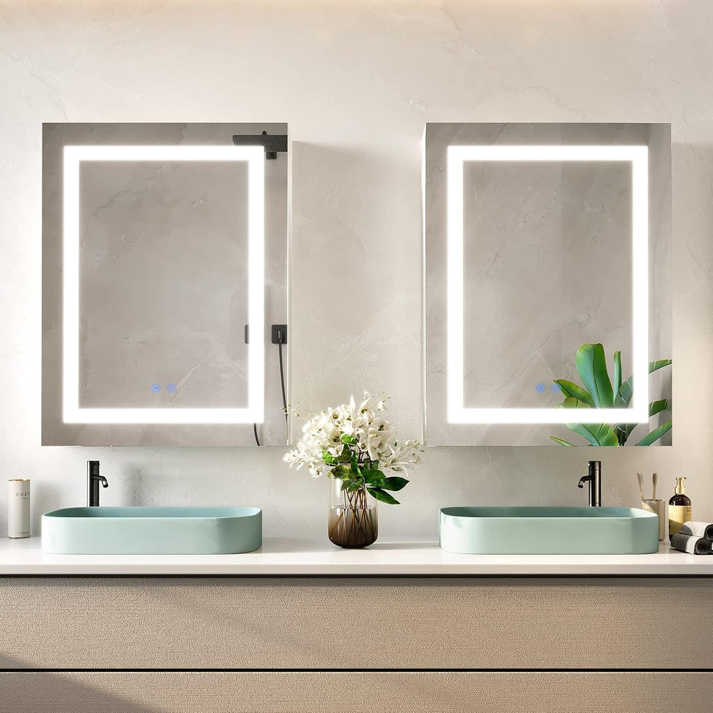 Lighted Medicine Cabinet with Mirror, 20" x 28" LED Medicine Cabinet with Lights, Wall Mounted with Storage Shelves
