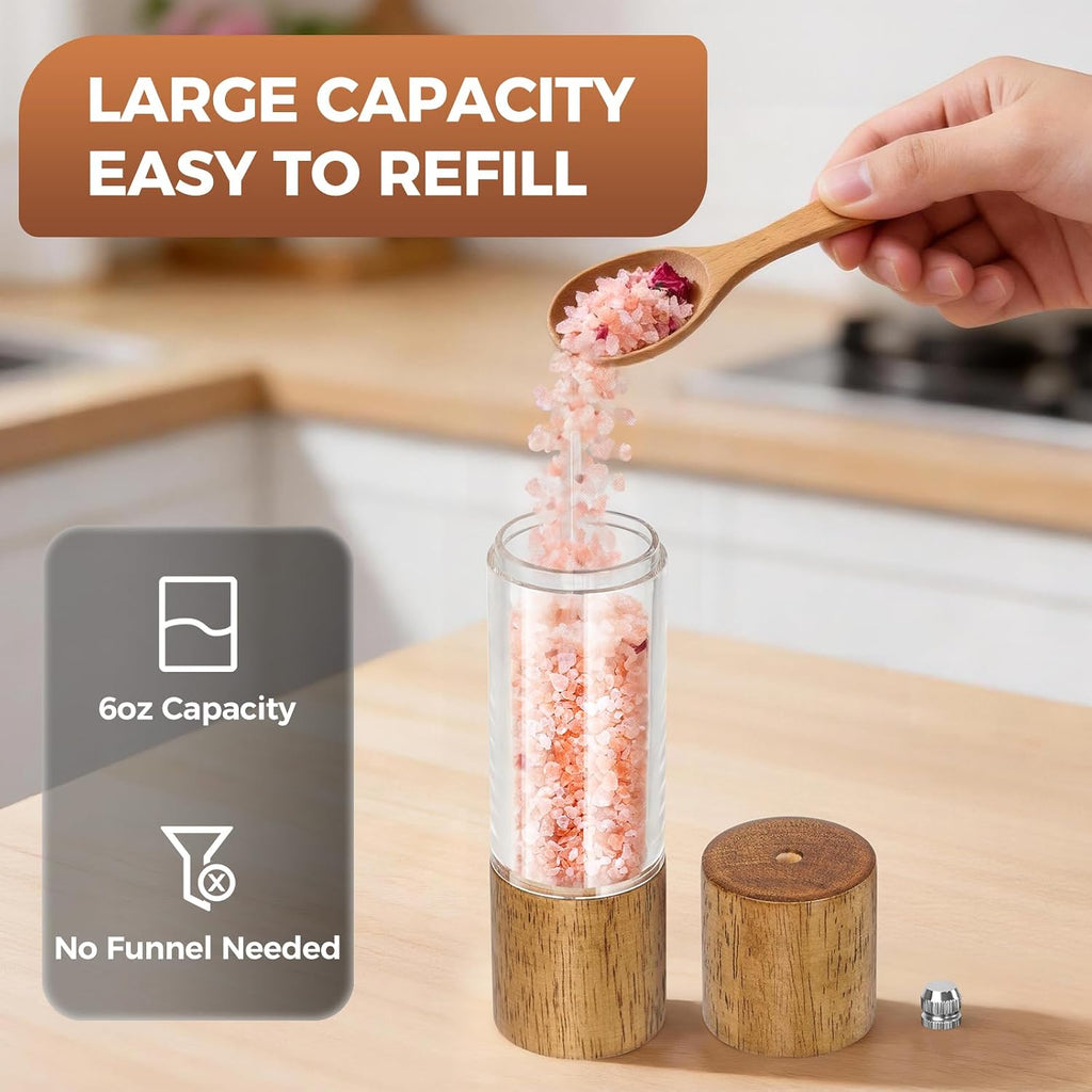 2-Pack Wooden Salt and Pepper Grinder Set - 8 Inch Manual Adjustable Ceramic Grinding, Refillable Acrylic Salt - Set of 2