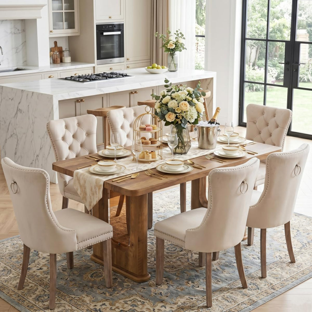 64.5" Dining Room Table Set for 6, Farmhouse Wood Kitchen Table with Decorative Pedestal Legs & 6 Tufted Velvet