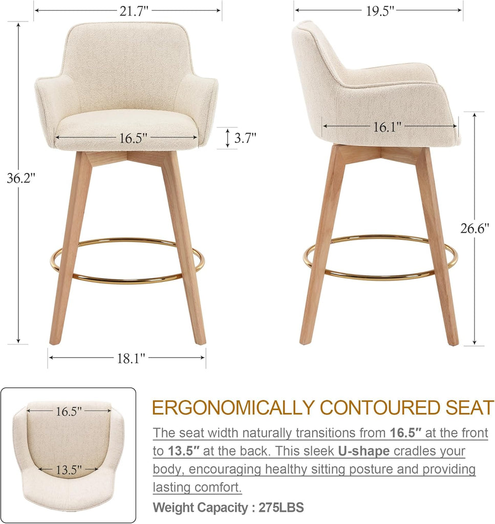 Modern 26" Bar Stools Counter Height Set of 2, Swivel Kitchen Island Tall Chairs with Back, Arm, Footrest and Solid
