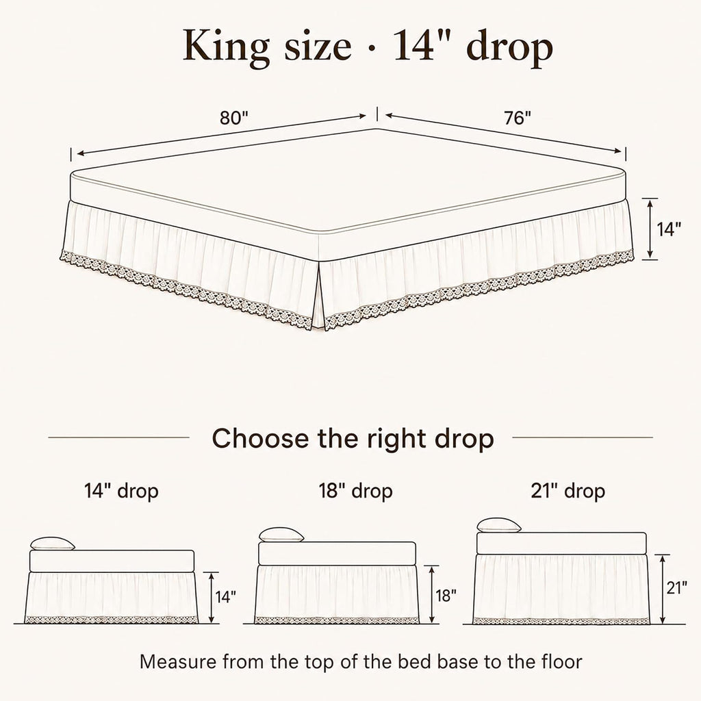 White Bed Skirt King, 14-Inch Drop, 100% Cotton, Split Corners | Crochet trim dust ruffle in lightweight cotton;