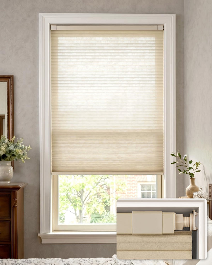 No Drill Blackout Cellular Shades, White | No Tools Cordless - Beige