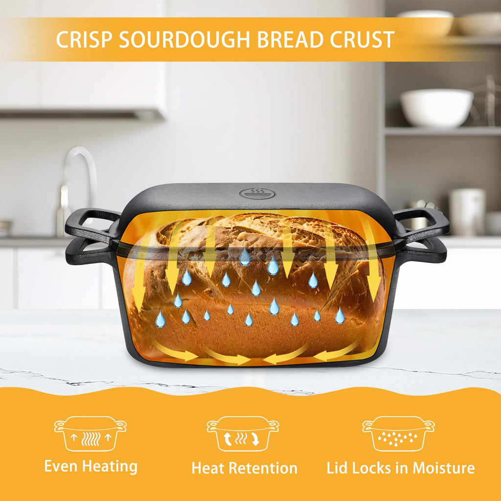 3.6 QT Cast Iron Loaf Bread Pan with Lid, Oval Dutch Oven for Bread Baking