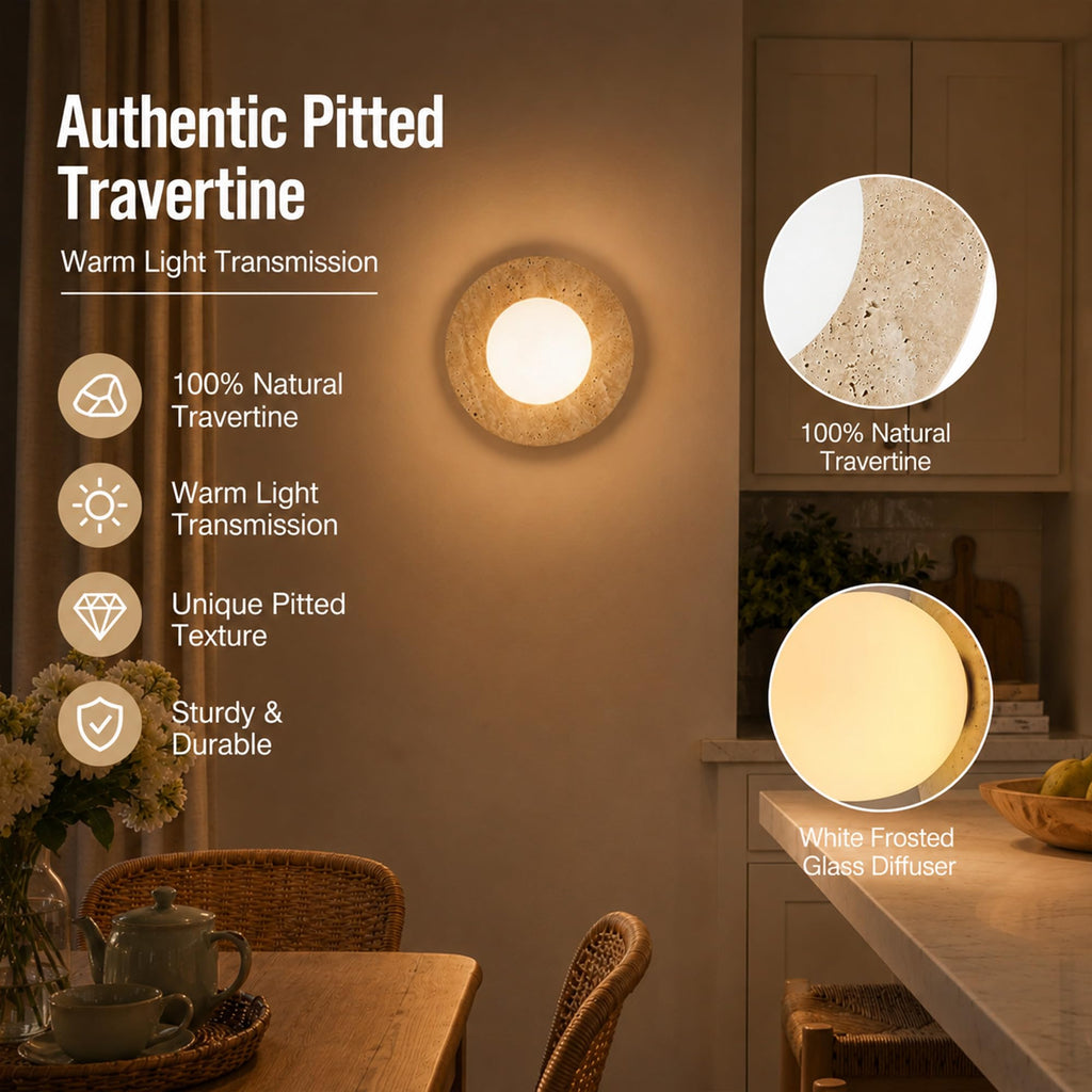 7.9-Inch Travertine Wall Sconce, Wabi Sabi Glass Globe Wall Light