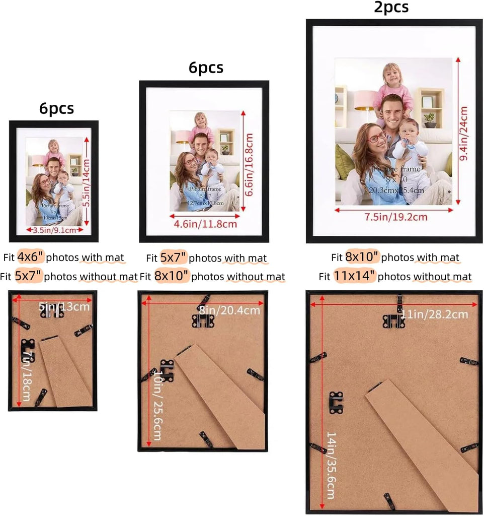 14 Pack Black Picture Frames Set, 2pcs 11x14 Matted for 8x10, 6pcs 8x10 Matted for 5x7, 6pcs 5x7 Matted for 4x6