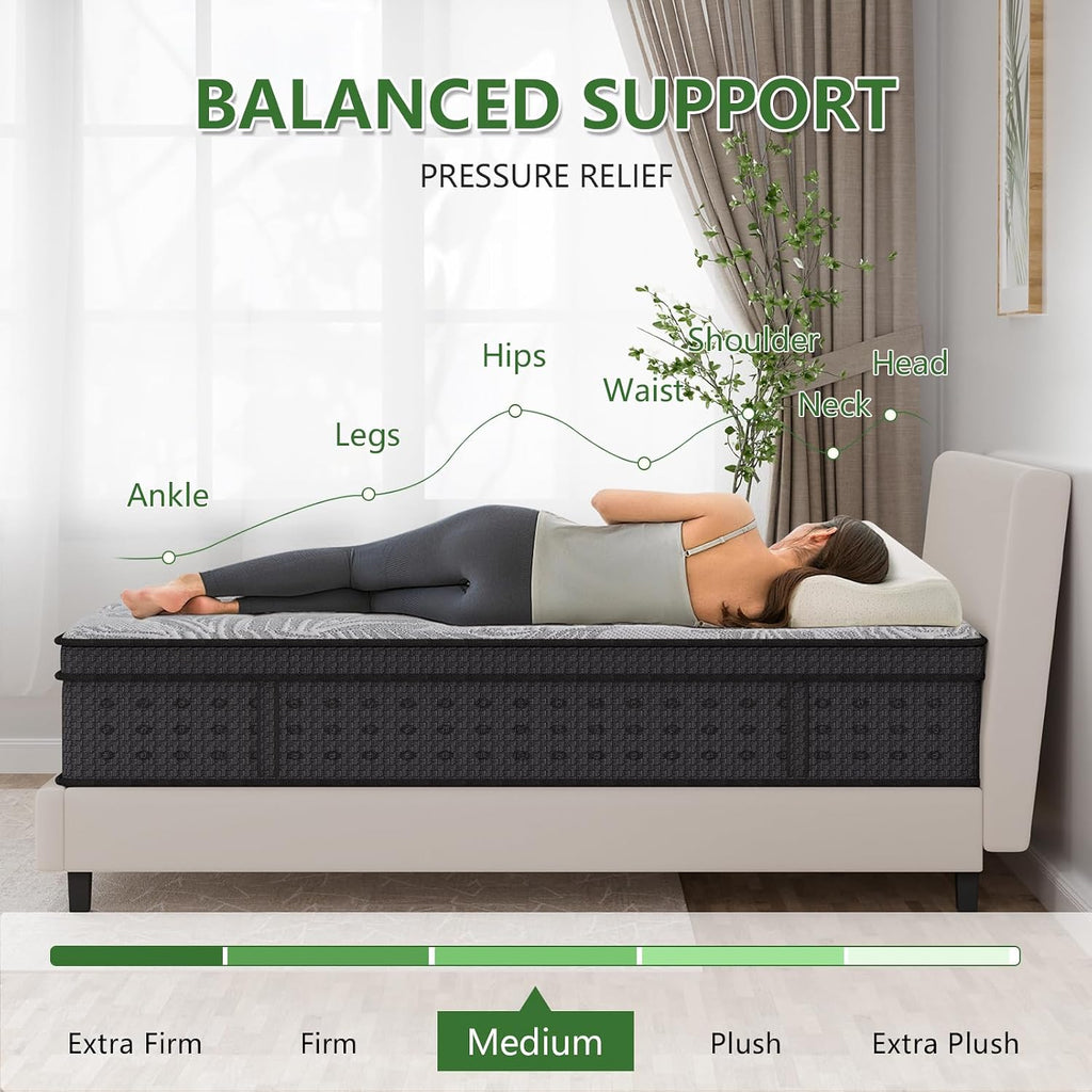 Full Size Mattress 14 Inch, Hybrid Full Mattress in a Box, Pocket Springs & Memory Foam for Motion Isolation, Medium