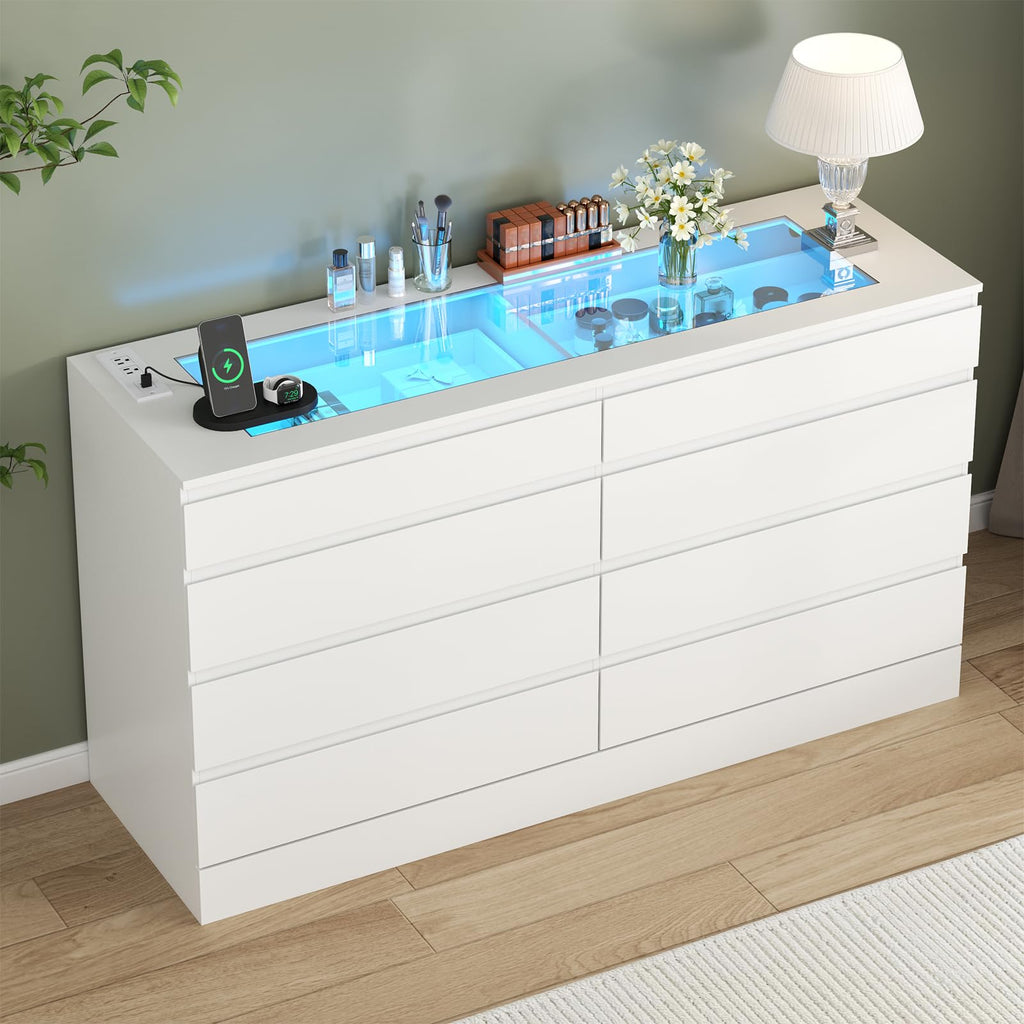 8 Drawer Dresser with Power Outlet, Modern Chest of Drawers with LED Light & Glass Top, Wood Double Dresser TV Stand