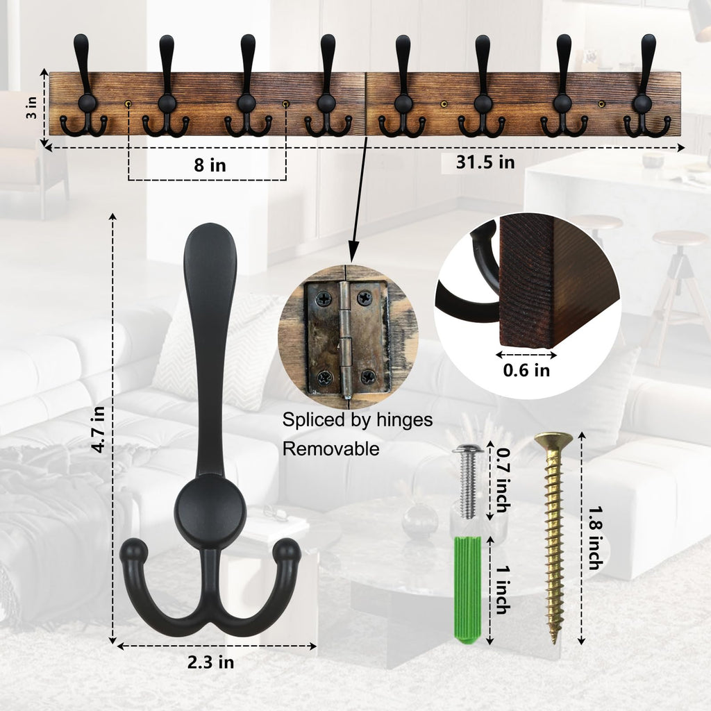 Coat Rack Wall Mount 31.5'' Coat Hanger Wall Mount Burnt Brown Coat Hooks for Wall Rustic Towel Racks Living Room