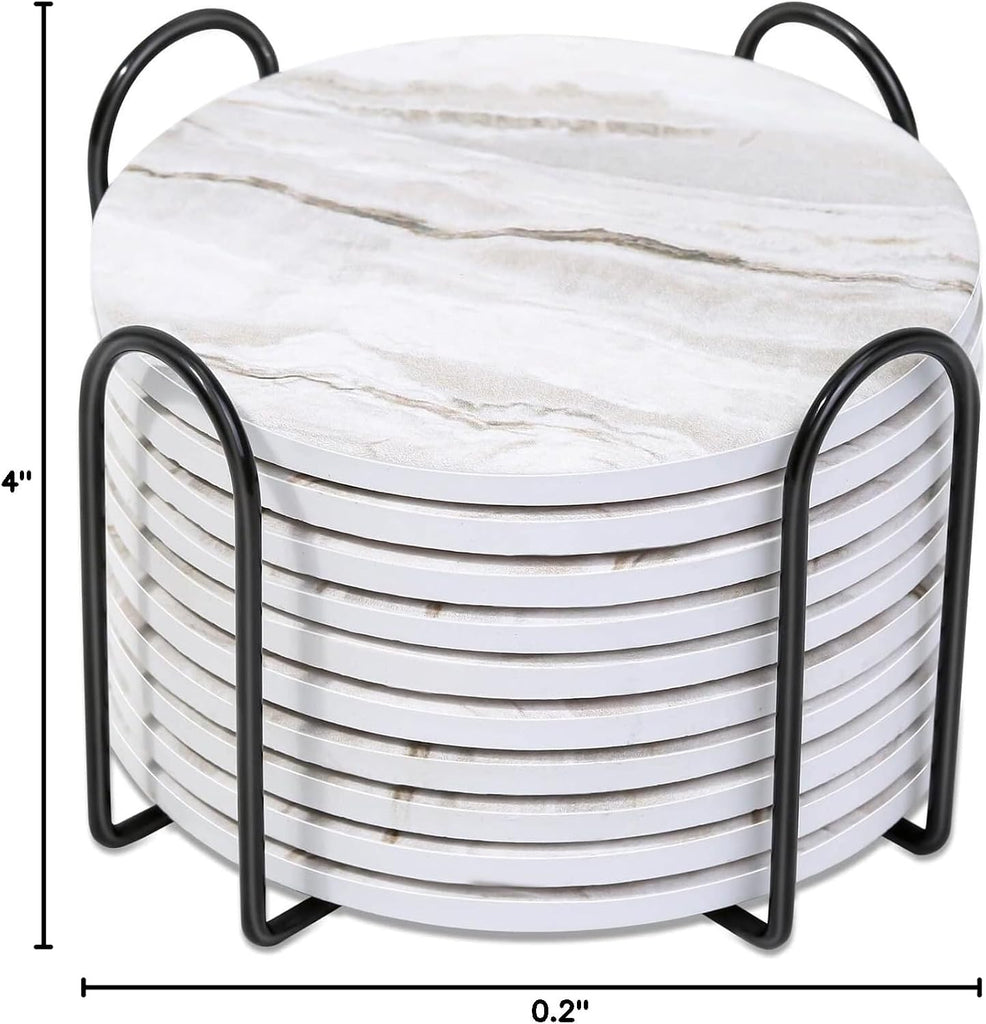 Coasters, Absorbent Drink Coasters with Holder, Marble Style Ceramic Coaster for Wooden Table, Home Decor - Set of 10