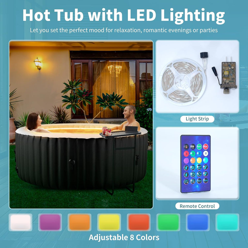 Inflatable Hot Tub with LED Lights, 2-4 Person Round Portable Blow up Hot Tub, Leak-Proof PVC Outdoor Spa with 120