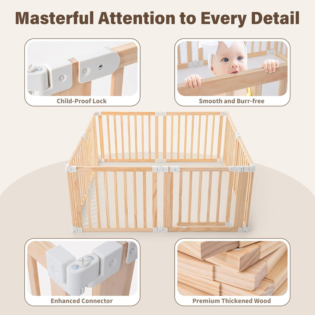 Foldable Wooden Playpen-61"x61"x25"-Large Baby Gate Playpen with Child-Proof Lock-Easy Assembly, Portable Design for