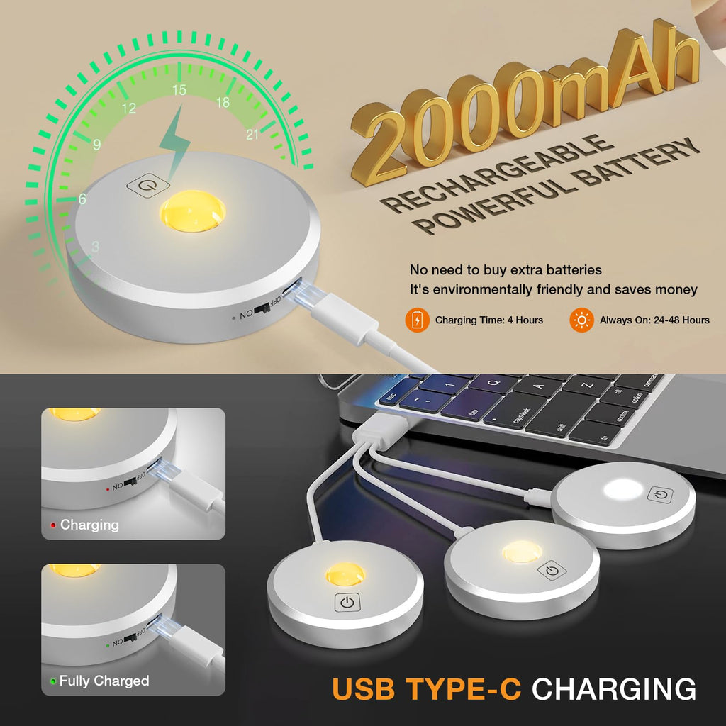 Puck Lights with Remote Control - Rechargeable, Wireless Under Cabinet Lighting, 2000mAh Battery Operated Tap Push
