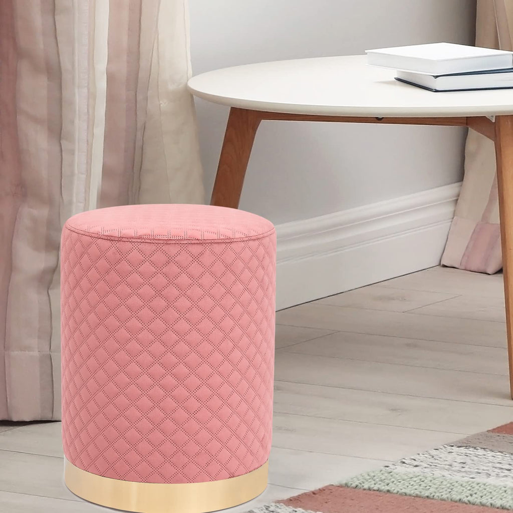 Round Upholstered Velvet Ottoman with Gold Metal Base, Makeup Vanity Chair Soft Compact Padded Foot Rest Stool