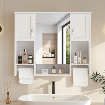 Large Bathroom Wall Cabinet with Mirror, Wall Mounted Medicine Cabinet with Open Shelves, 2 Towel Bars Laundry Room