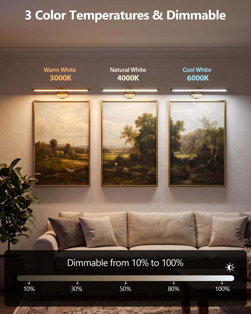Picture Lights for Wall, 24 Inch Hardwired Picture Light, Brass Gold LED Art Lights for Wall, 3CCT Painting Light