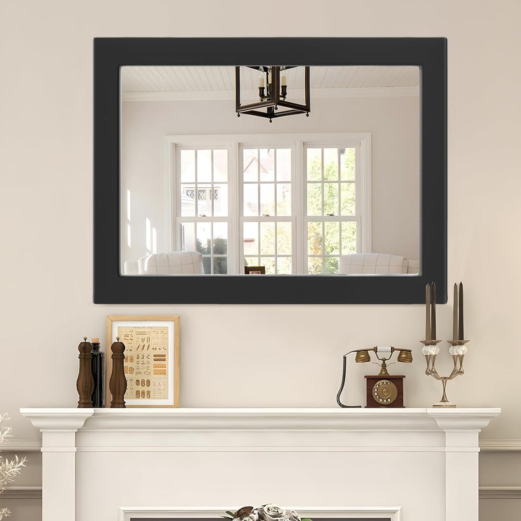 40''x30'' Rustic Wall Mirror Black Wood Frame, Classic Rectangle Mirror Farmhouse Vanity Wall Mirror Decor Living