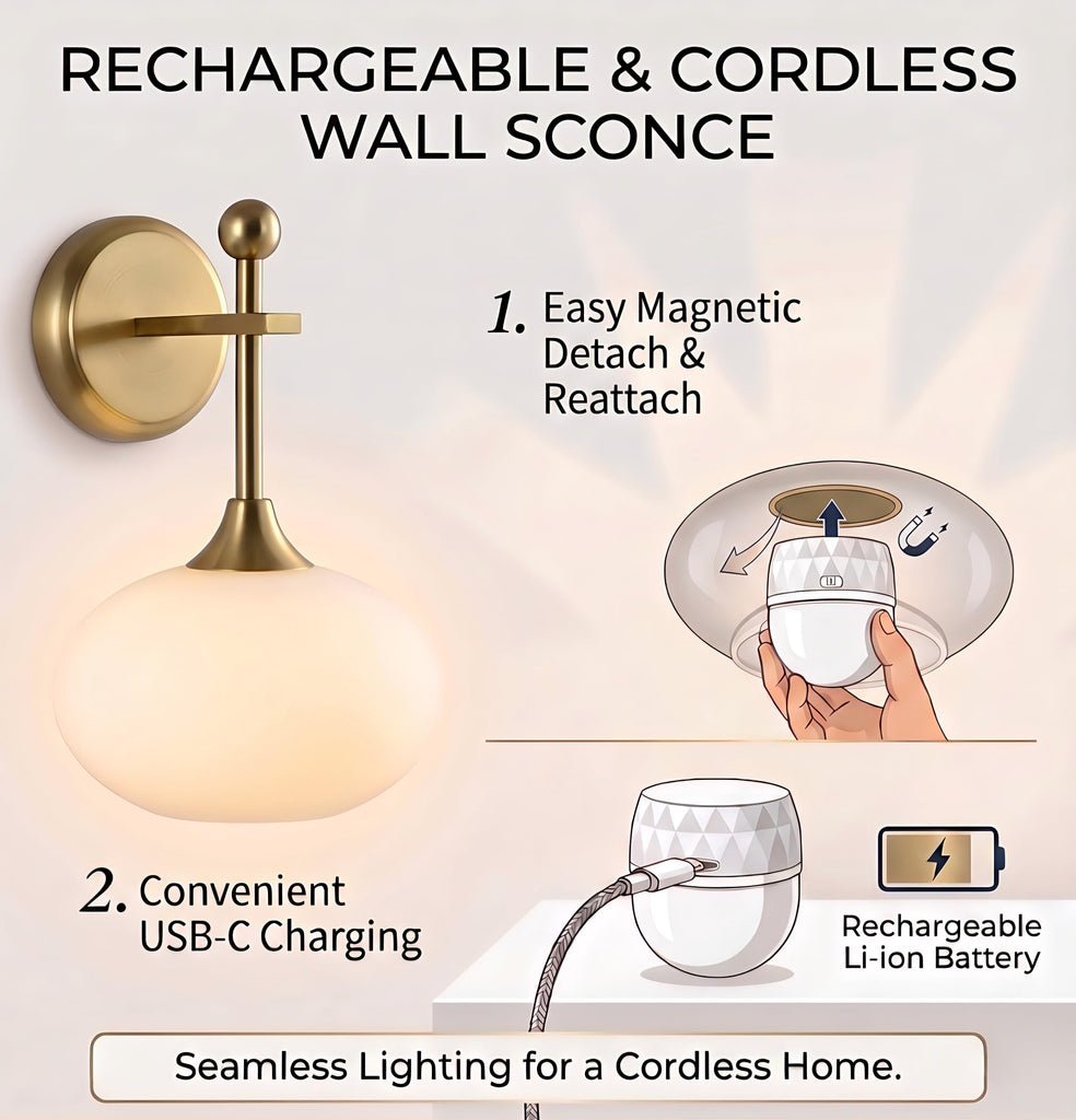 Battery-Operated Modern Brass Wall Sconce Set of 2, Wireless Rechargeable Wall Light with Remote Control, Milk Glass