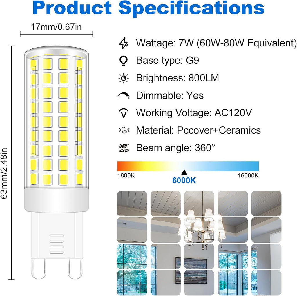 G9 T4 Dimmable LED Bulb 7W 120V Cool White 6000K 5-Pack