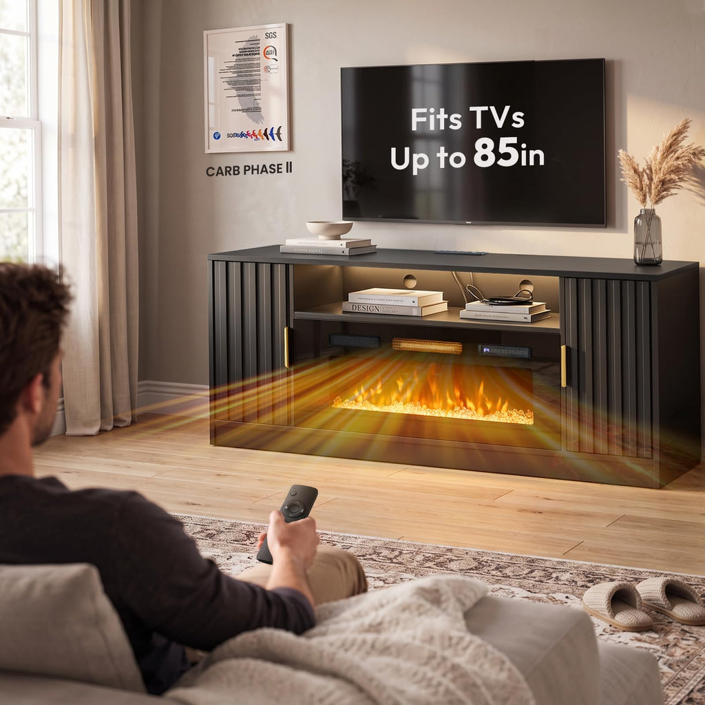 Fireplace TV Stand for 75 Inch TV, Fluted Electric TV Console