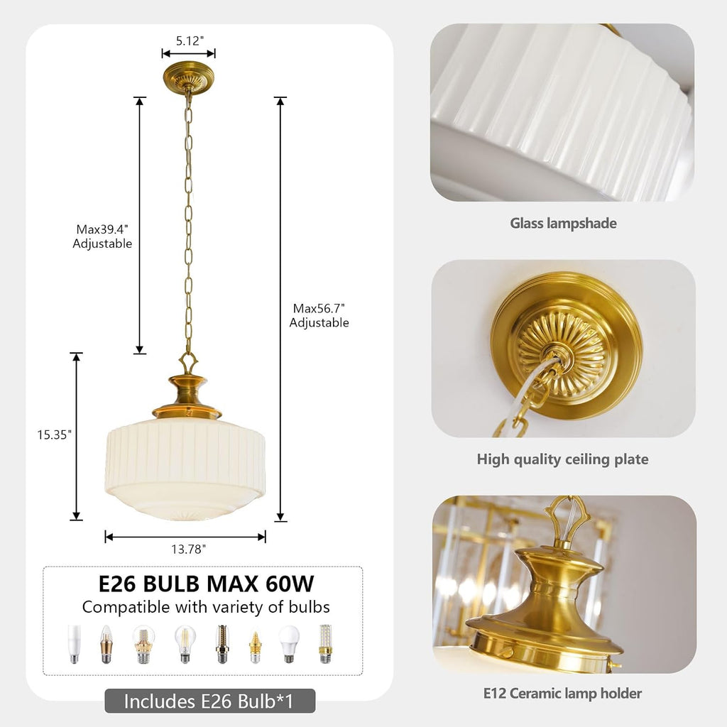 Vintage Brass Milk Glass Pendant Light Fixture, 13.8" White Pleated Glass Chandelier, Antique Pendant Lights, for