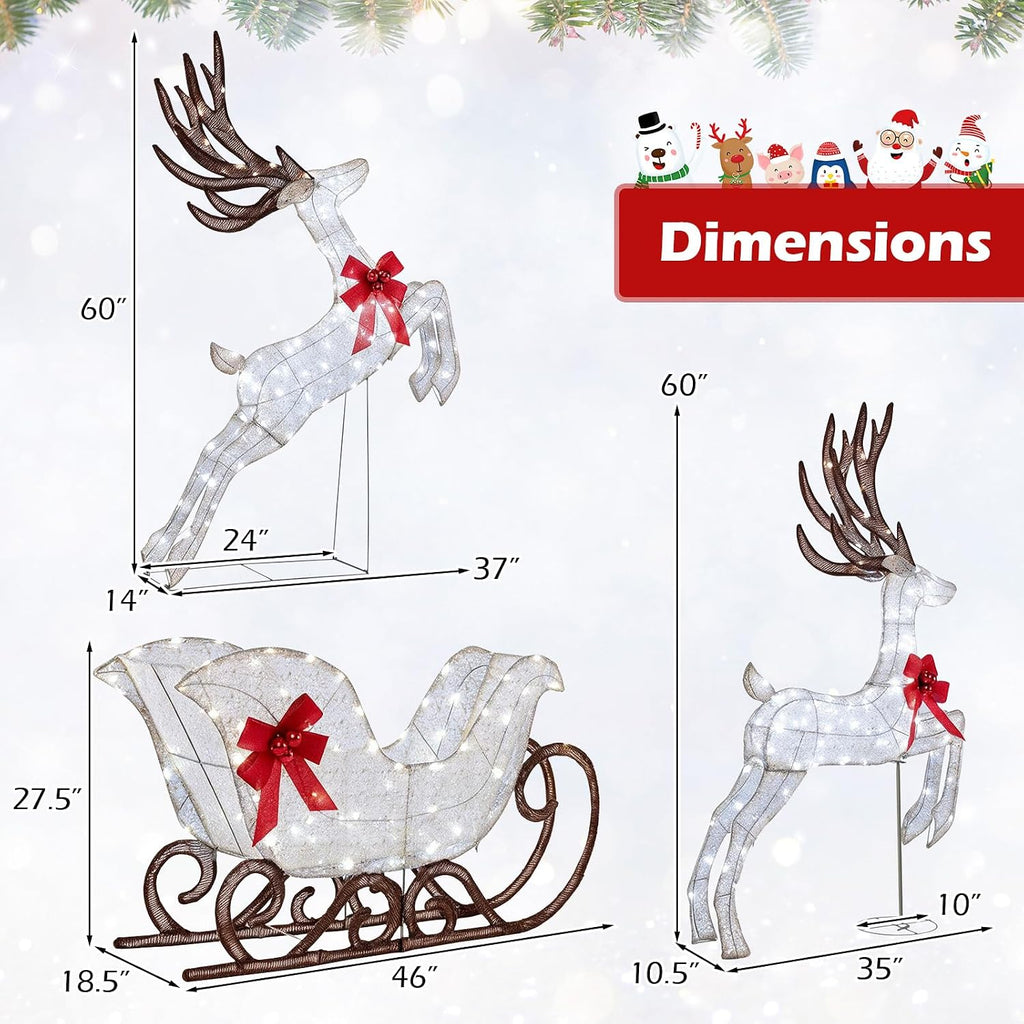 3-Piece Christmas Lighted Reindeer & Sleigh Set, Cold White