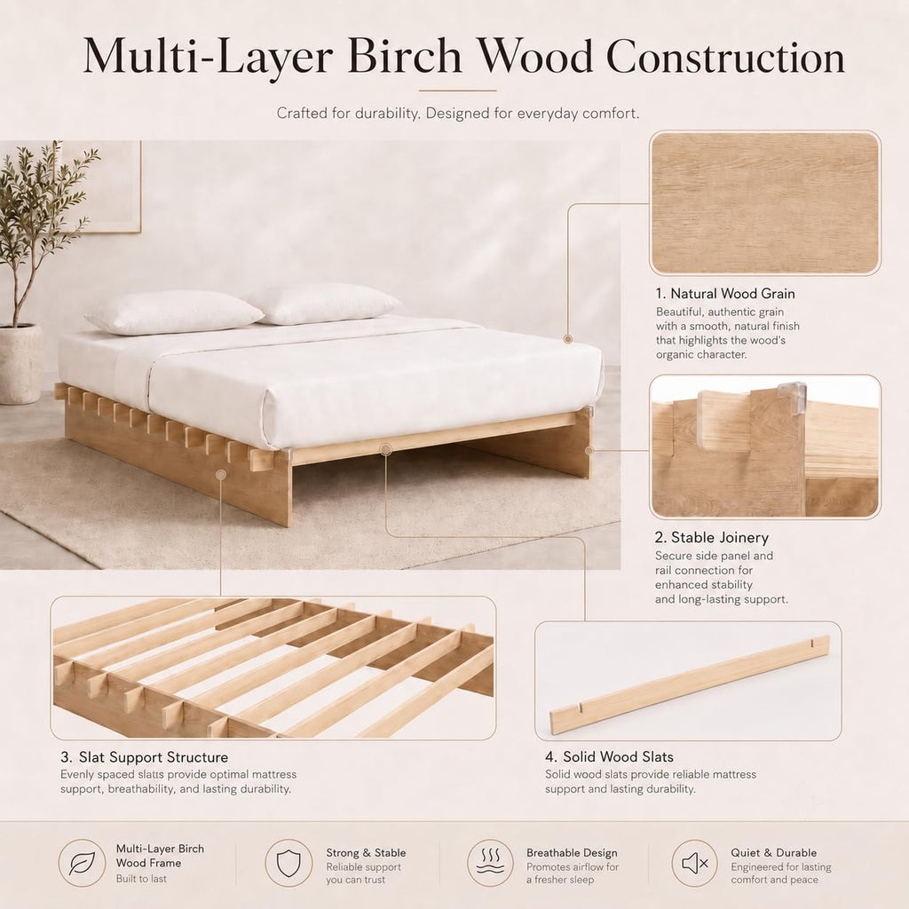 Queen Size Wood Platform Bed Frame, Japanese Tool-Free Joinery