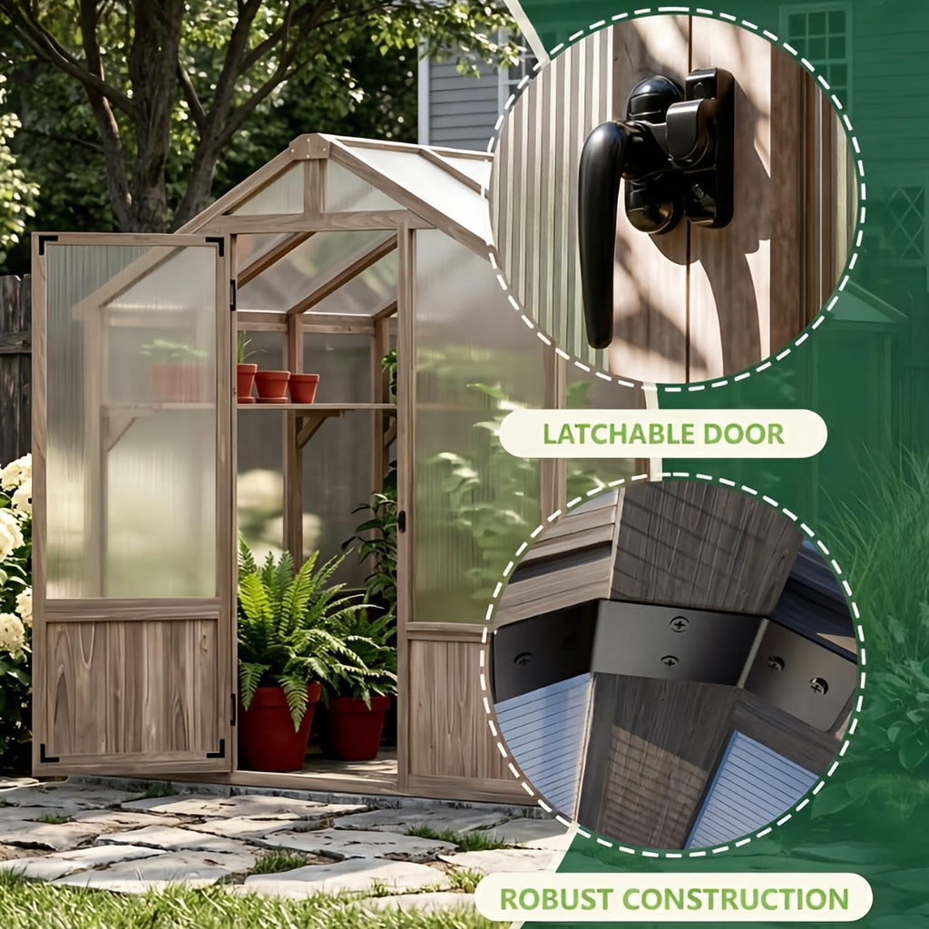 6x12 FT Greenhouse for Outdoors Cedar Wood Green House with 6MM Polycarbonate Panel & Adjustable Vents Walk in