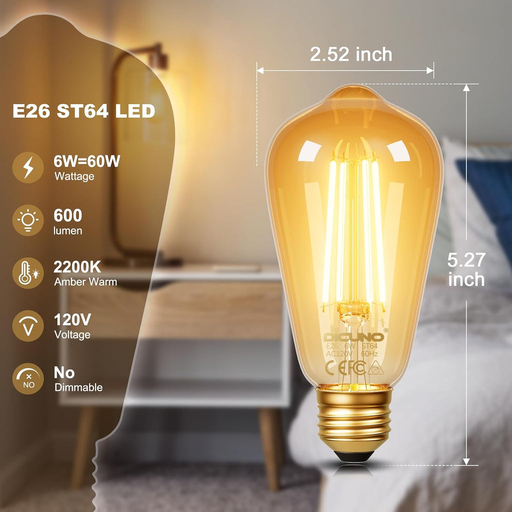 E26 Edison Bulbs 60W, 2200K Amber Warm, 6W LED Edison Bulb ST64, Amber Glass, Vintage LED Light for Home, 600LM, Non