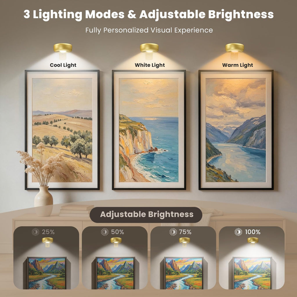 6Pack Picture Lights for Wall, 2000mAh Rechargeable Magnetic LED Art Display Lights with Remote Dimmable and Timer,3