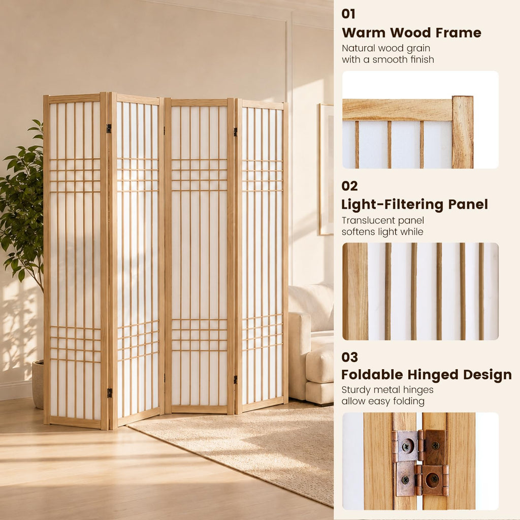 4 Panel Room Divider Folding Privacy Screen Light Brown