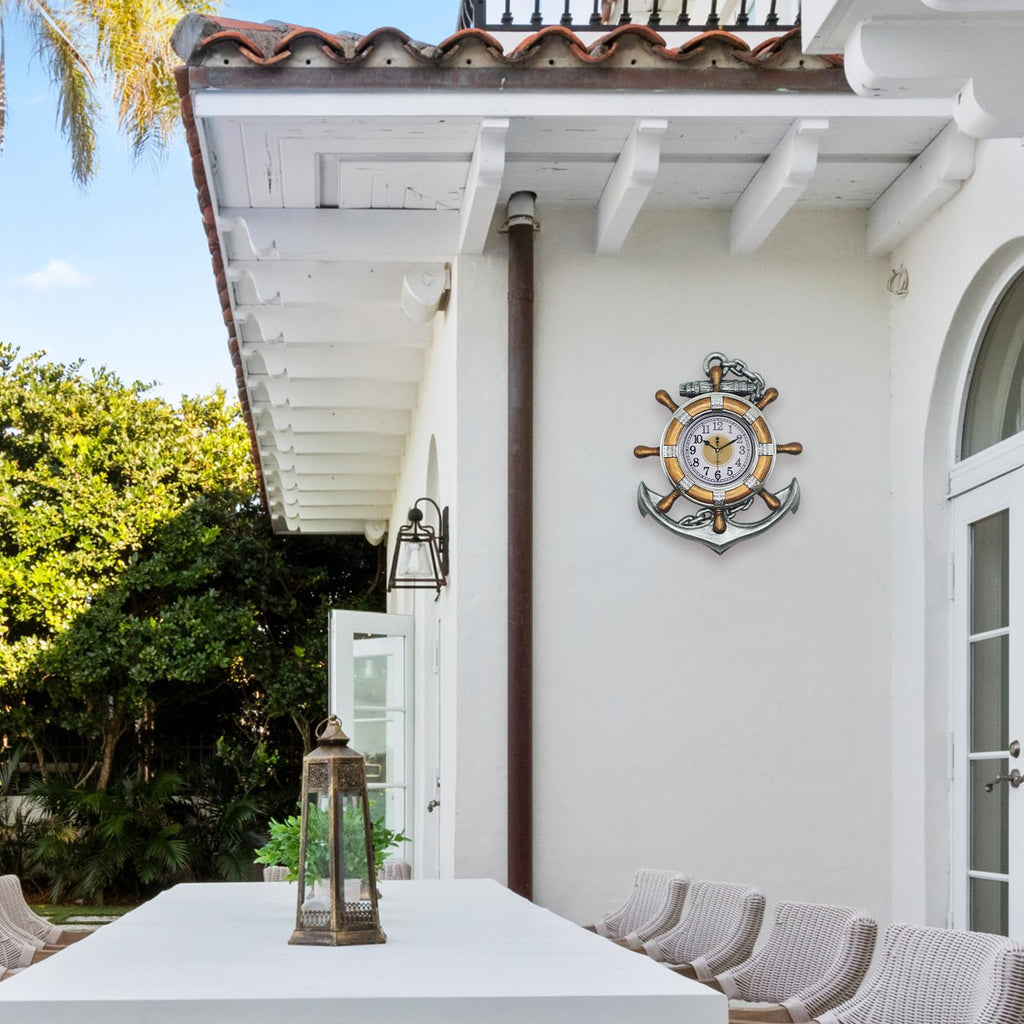 Anchor Clock- Nautical Ship Wheel Rudder Outdoor Wall Clock - Beach Sea Style Decorative Clock (Retro Silver+Bronze)