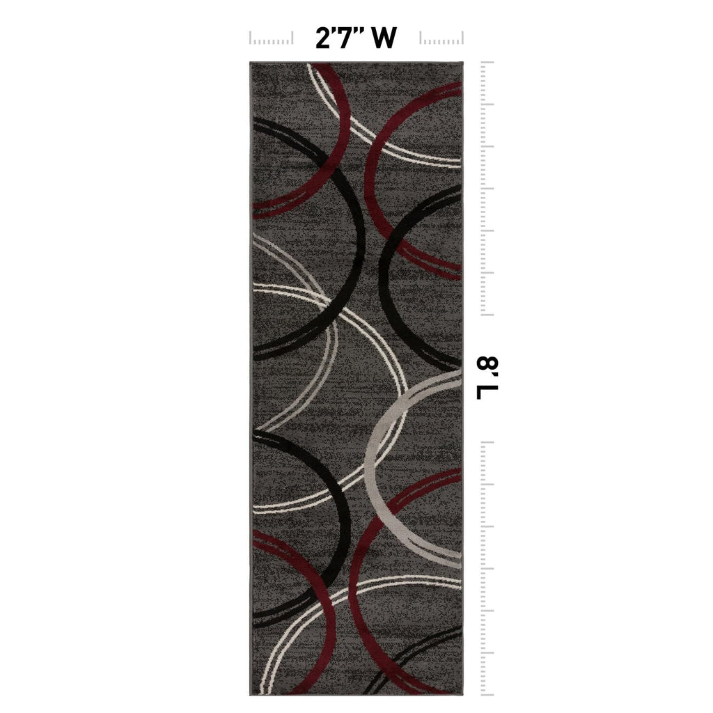 Wavy Circles Modern Non-Shedding Runner Rug Red 2'7" x 8'